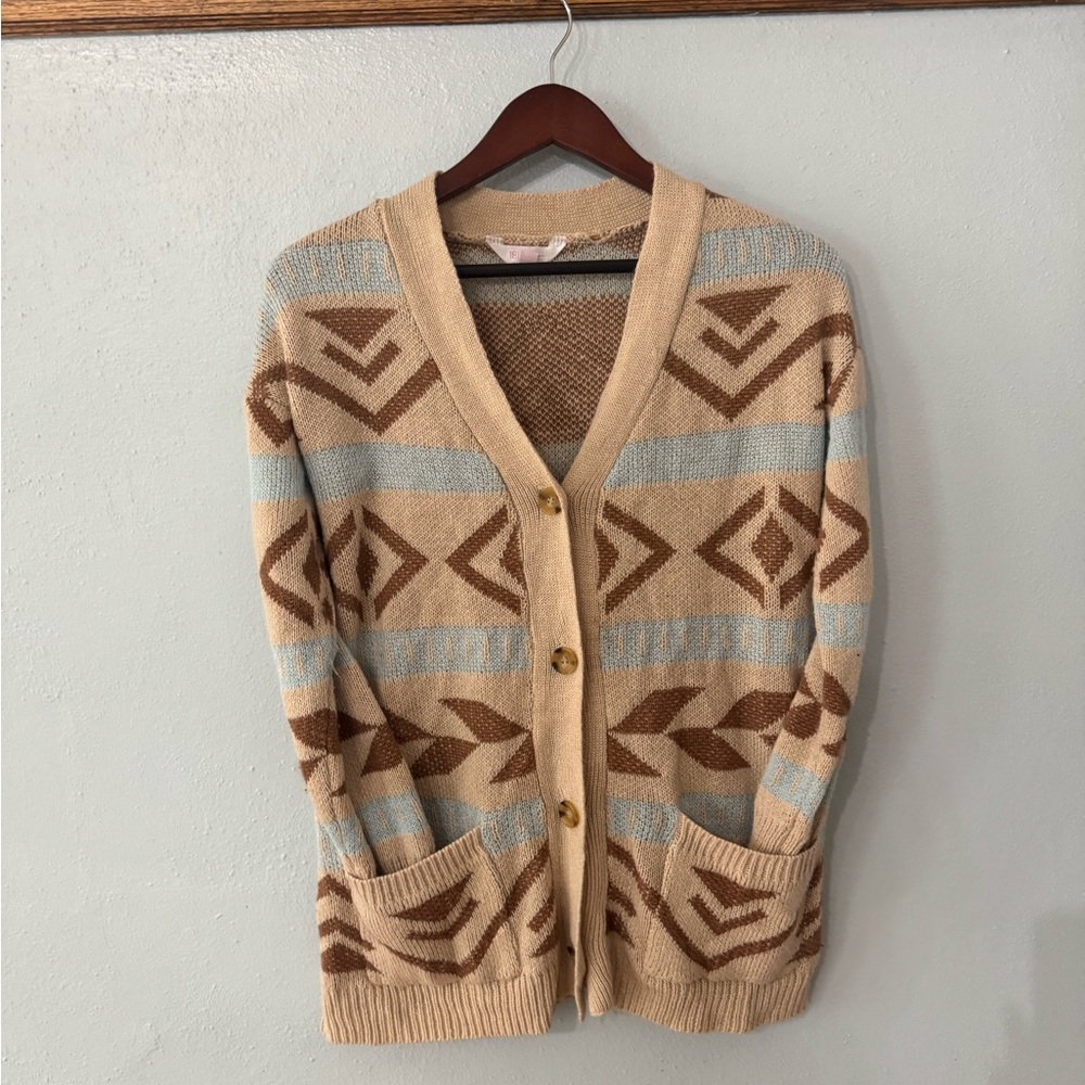 No Boundaries Geometric Cardigan - Beige and Brown